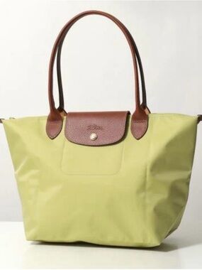 Longchamp Tote in Light Green with Brown Leather Trim